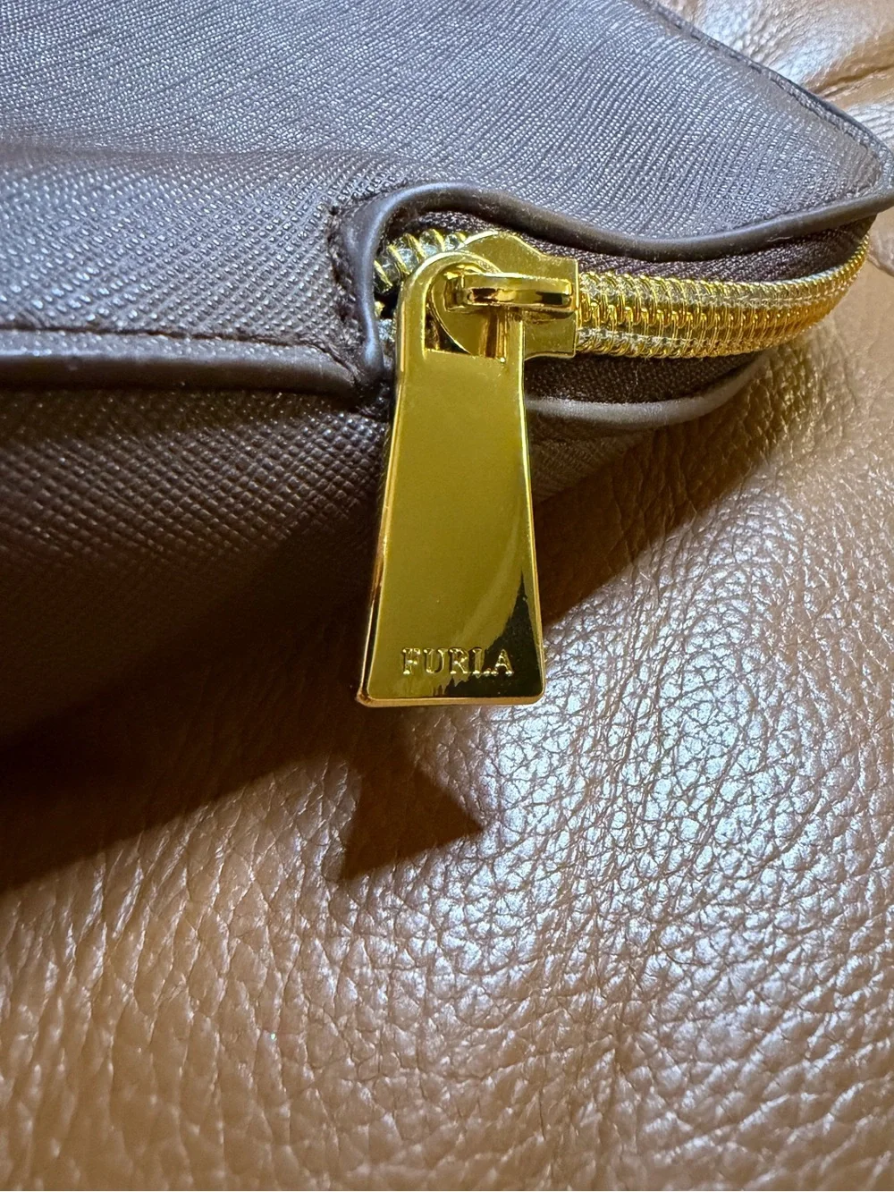 ✈️FURLA for Saudia Airlines Brown  Saffiano Leather Pouch w/ Gold Accents
